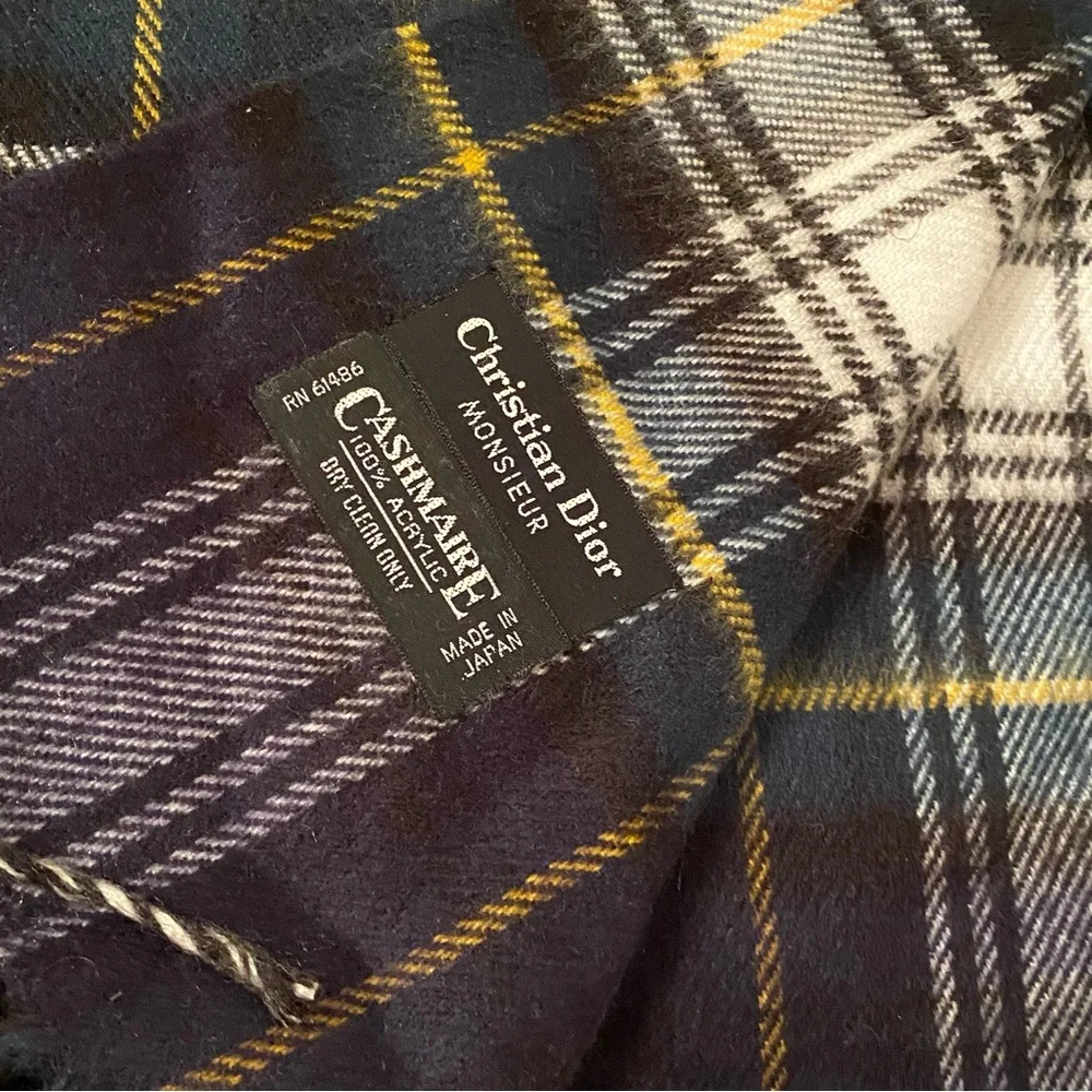CHRISTIAN DIOR MENS SCARF BLUE WHITE PLAID MUFFLER ACCESSORY FRINGE VINTAGE